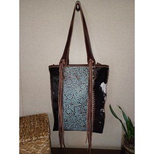 MYRA BLUE RIPPLES SHOULDER BAG OR TOTE GENUINE LEATHER AND HAIR TEAL TURQUOISE